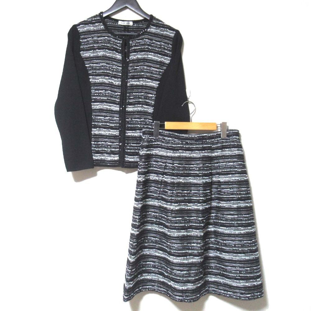 HANAE MORI ハナエモリ スパンコール装飾 ツイード ノー ジャケット スカート セットアップ サイズ40 ブラック系 レディース 古着