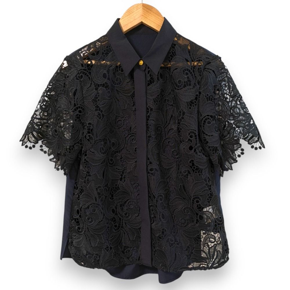 未使用 GRACE CLASS グレースクラス タフタ レース スカラップ ショートスリーブブラウス サイズ36 ネイビー ブラック レディース 古着  USED