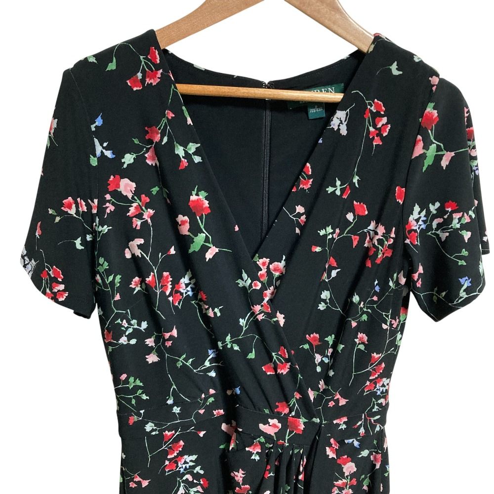 【極美品】ローレンラルフローレン 前後2WAYカシュクールワンピース リボン 黒 良品 Lauren Ralph Lauren ローレンラルフローレン フラワープリント