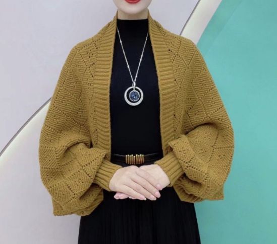 【ジンジャーイエロー】ボレロ レディース ニット カーディガン 透かし編み 羽織り ショート丈 体型カバー おしゃれ 秋冬 コーデ ふんわり袖 きれいめ
