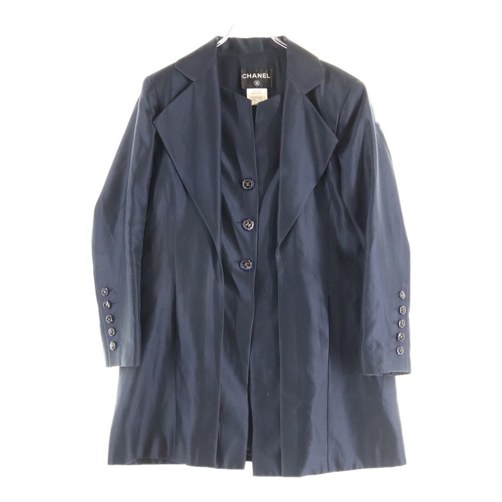 CHANEL シャネル 14 C クルーズ ココマークボタン シルク混 ベストドッキングデザイン 3 B テーラード ロング ジャケット ネイビー レディース