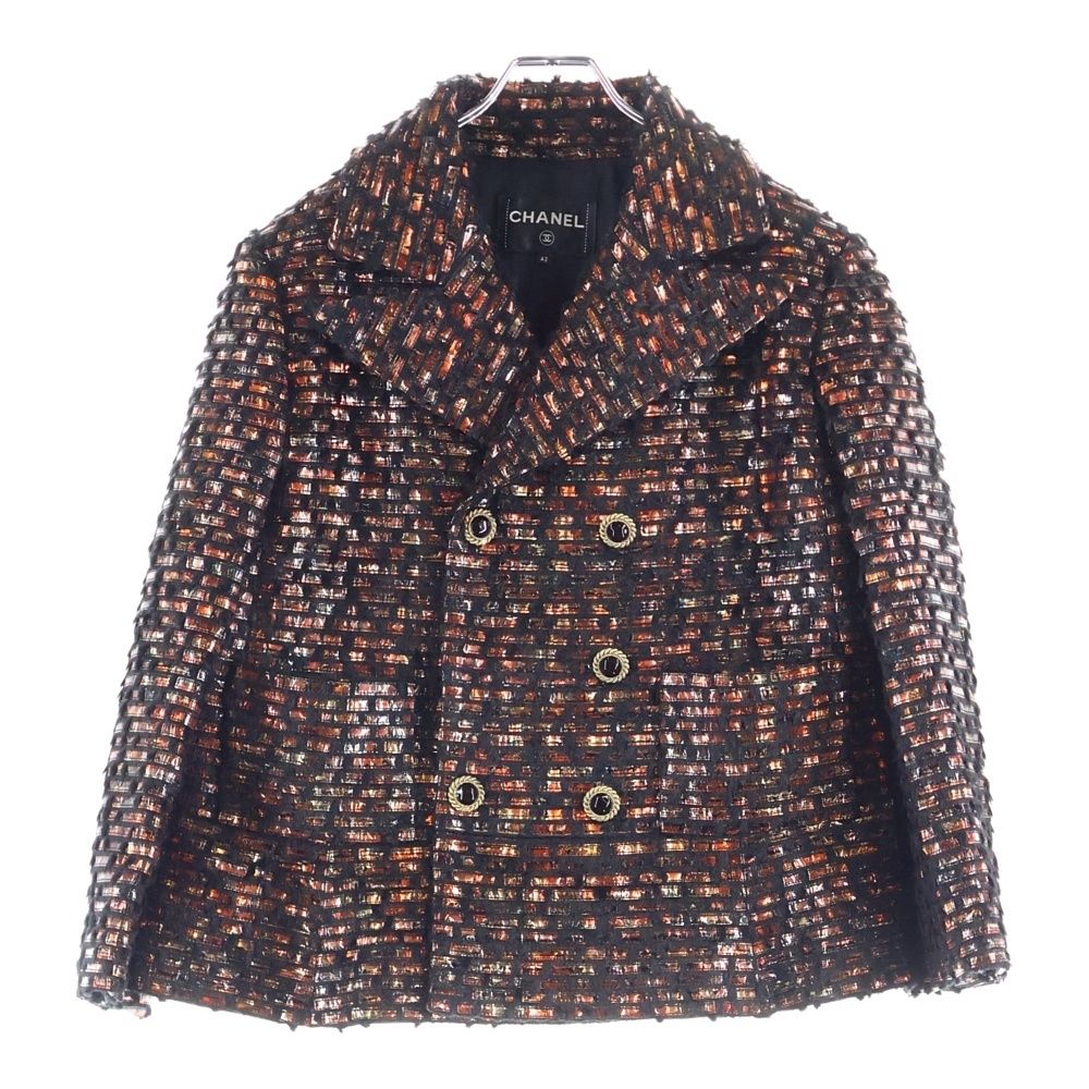 CHANEL シャネル ココマークボタン シャギー PVC 総柄 ダブルブレスト ピークドラペル テーラードジャケット ブラック ブラウン レディース