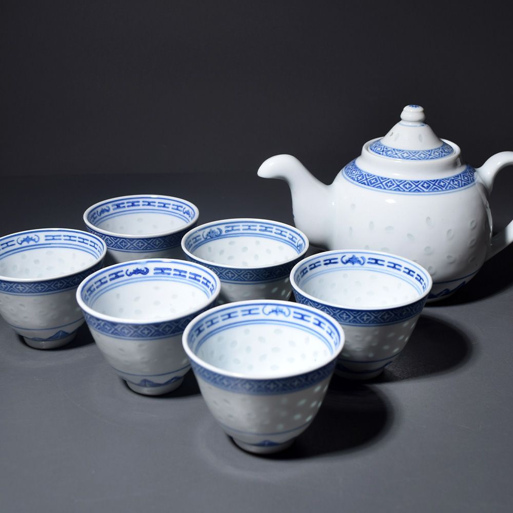 景徳鎮 中国 ほたる 透かし彫り 湯飲み 湯呑み 6客セット 急須 土瓶