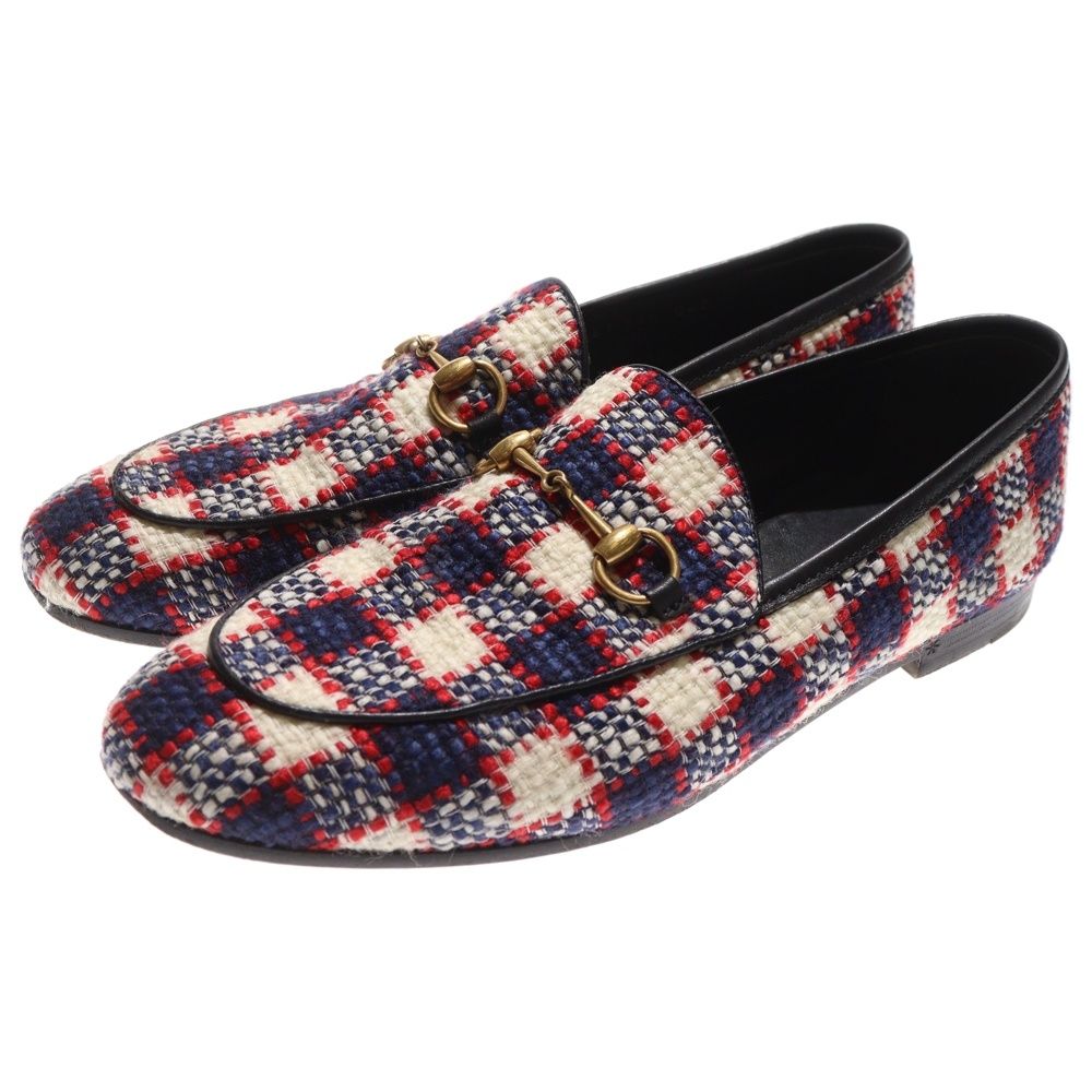 GUCCI グッチ ヨルダーン チェック柄 ツイード ホースビット ローカットシューズ ローファー ネイビー レッド レディース 431467