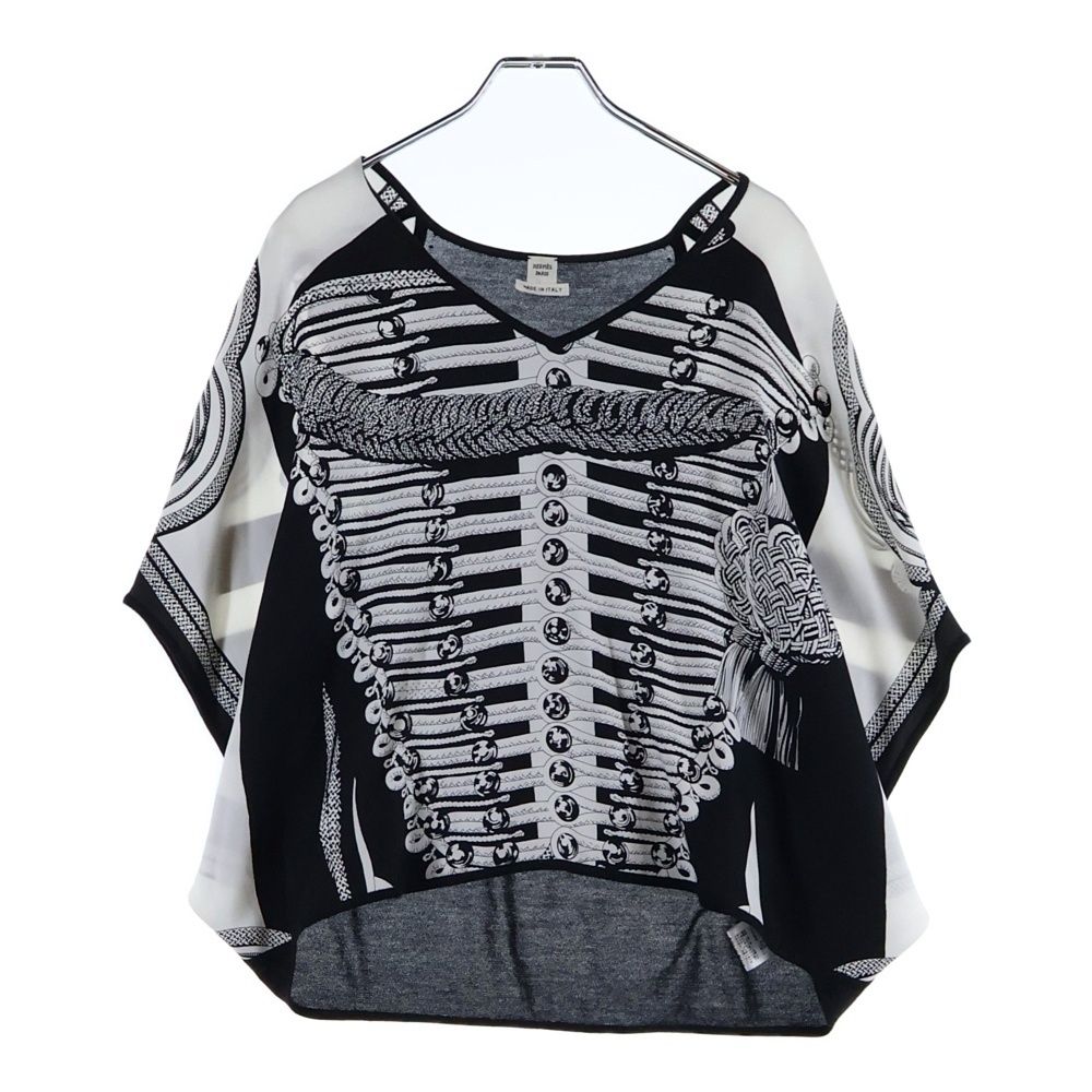 HERMES エルメス ツイルレーヌ ナポレオンジャケット柄 シルクスカーフ切り替え Vネック カシミヤニット トップス カットソー ブラック ホワイト レディース