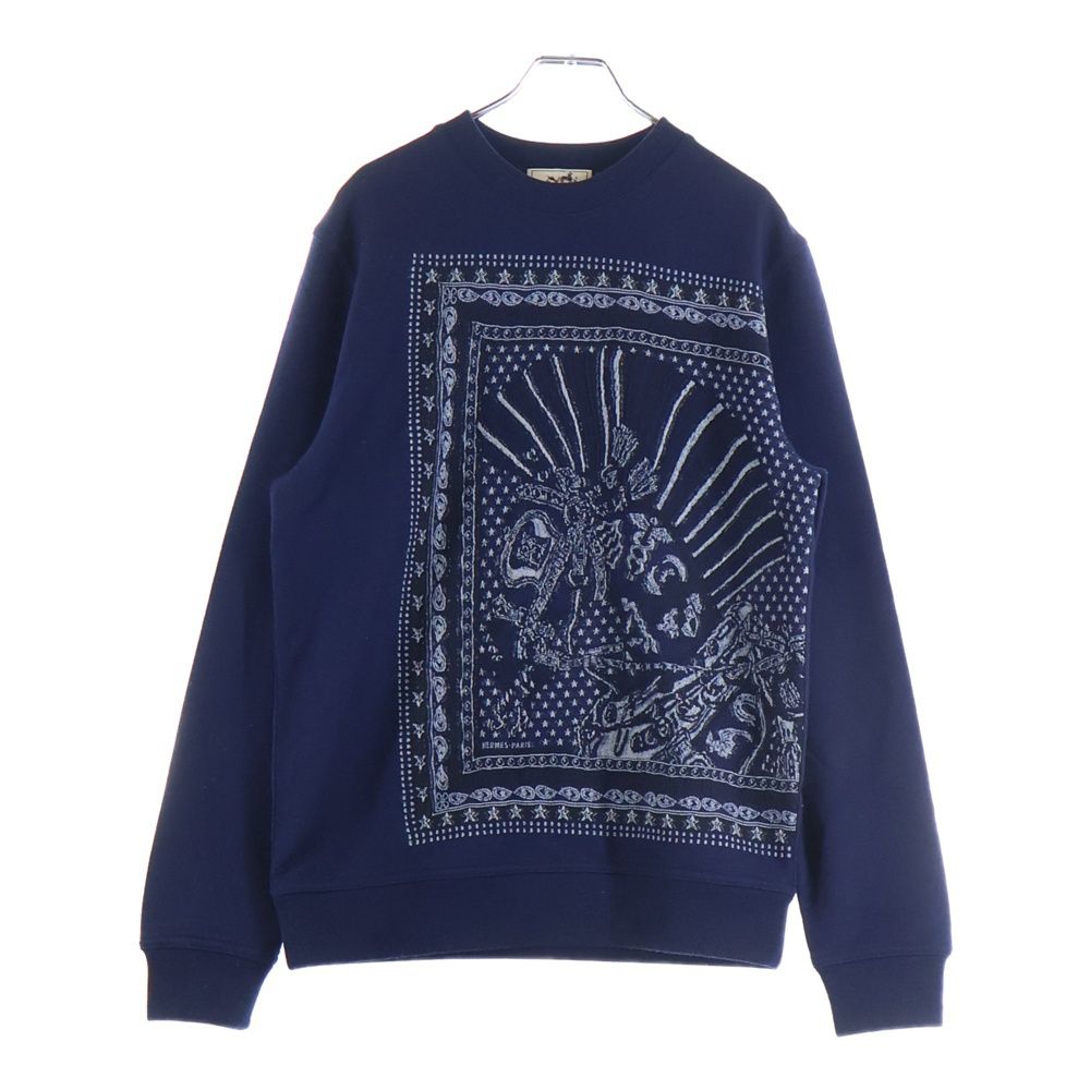 HERMES エルメス Cheval Punk Bandana シュヴァル パンク バンダナ 柄 ジャガード ウール クルーネック プルオーバー スウェットトレーナー ネイビー