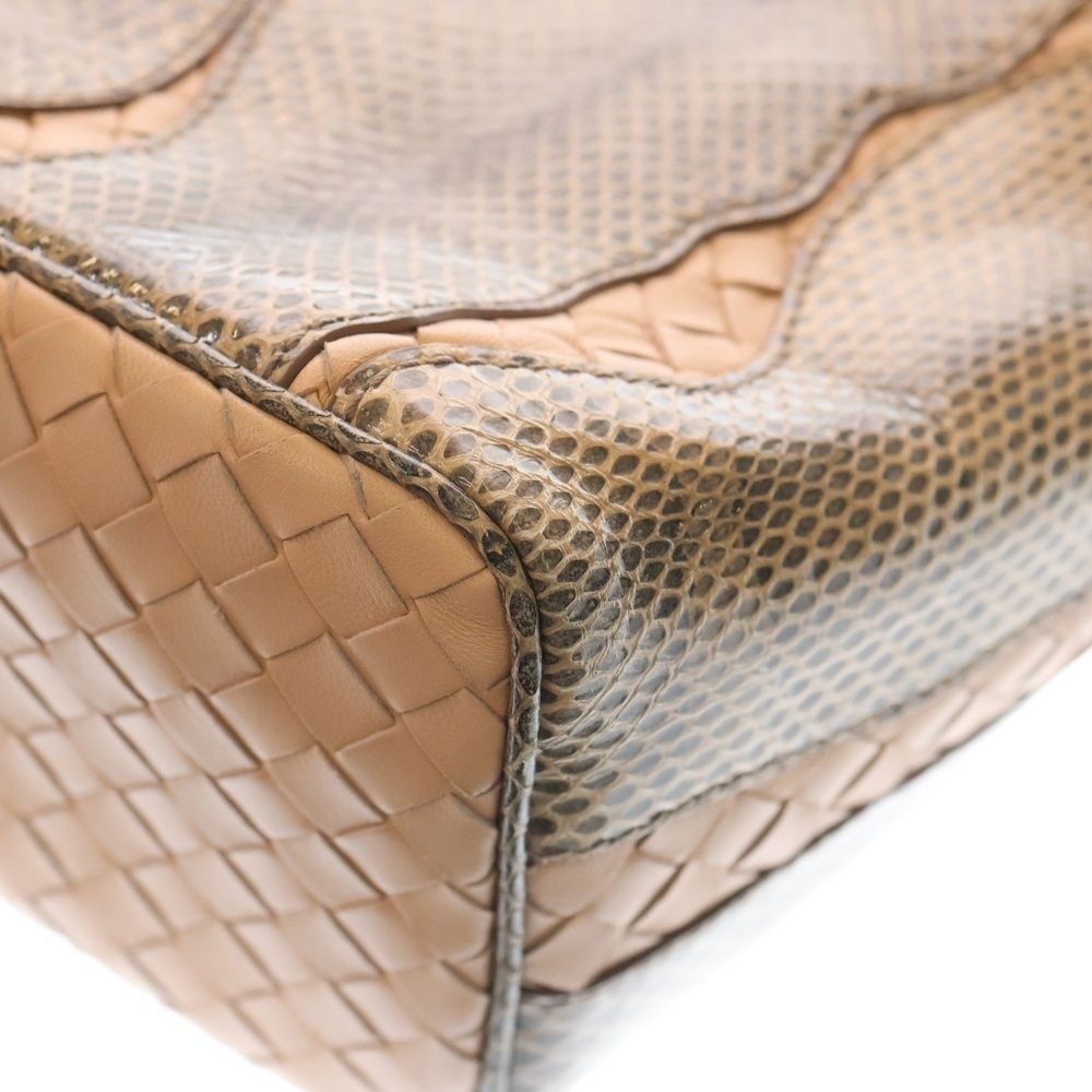 BOTTEGA VENETA ボッテガヴェネタ イントレチャート ハンドバッグ ワンショルダーバッグ ピンクベージュ レザー パイソン ブラック金具 スラックス その他 