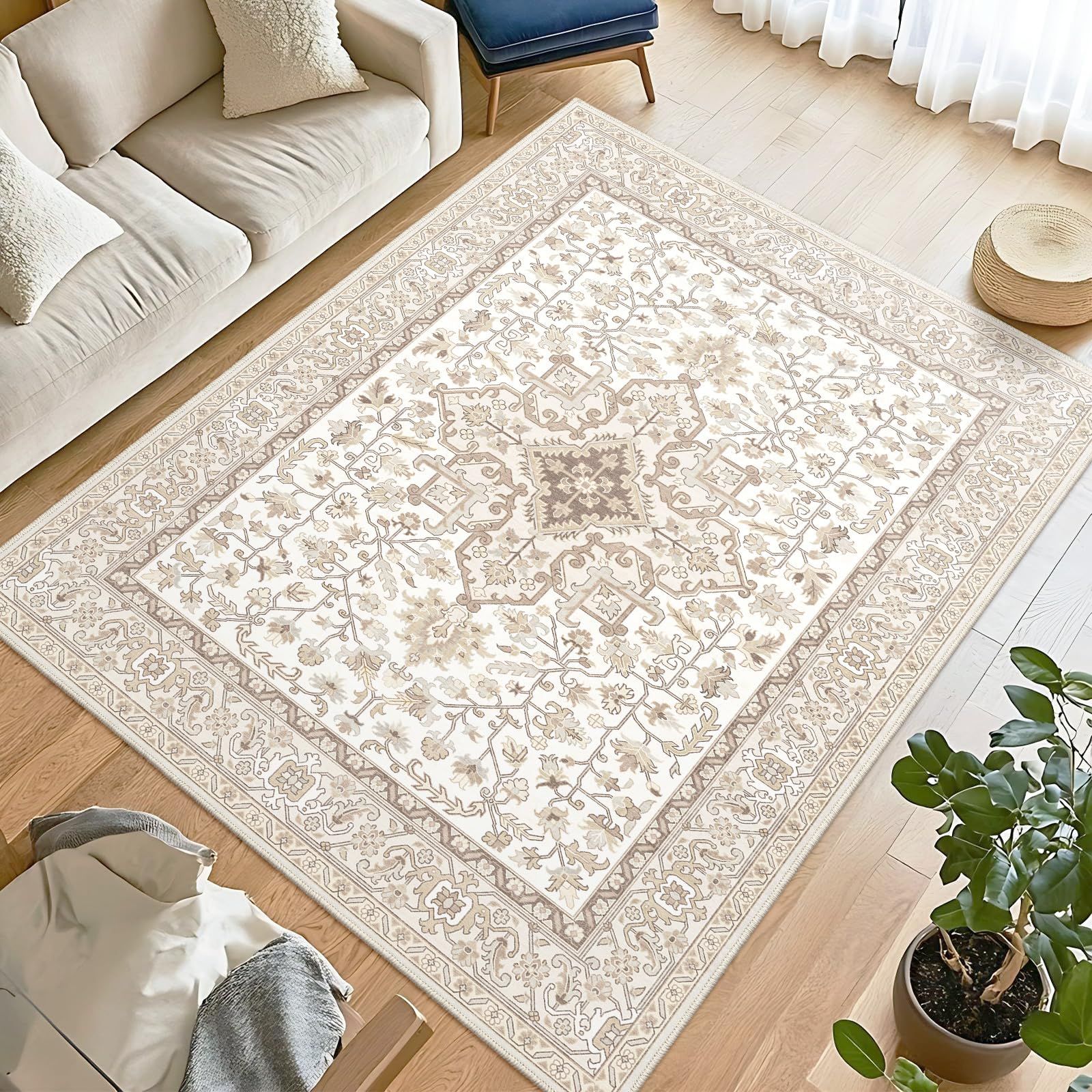 Phonzenuo洗えるラグマット 3畳 200 250 cm 滑り止め付き 長方形 ペルシャ風 メダリオン柄 ベージュ 軽量 リビング ダイニング ベッドサイド 大型インテリアラグ オールシーズン対応