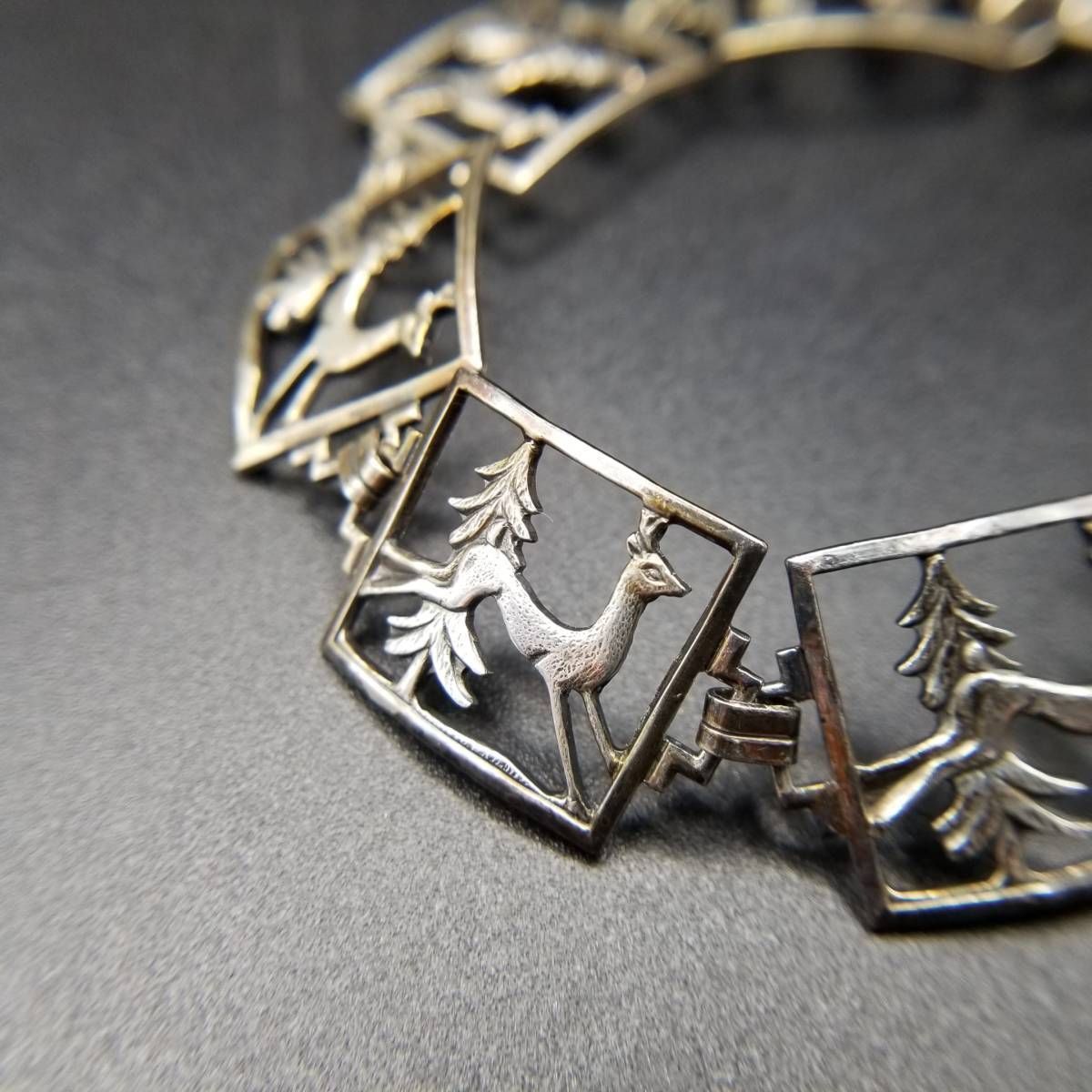 アールデコ トナカイとモミの木 パネルチェーン 925 シルバー ヴィンテージ ブレスレット 銀細工 Deer 森の景色 Y 12 E