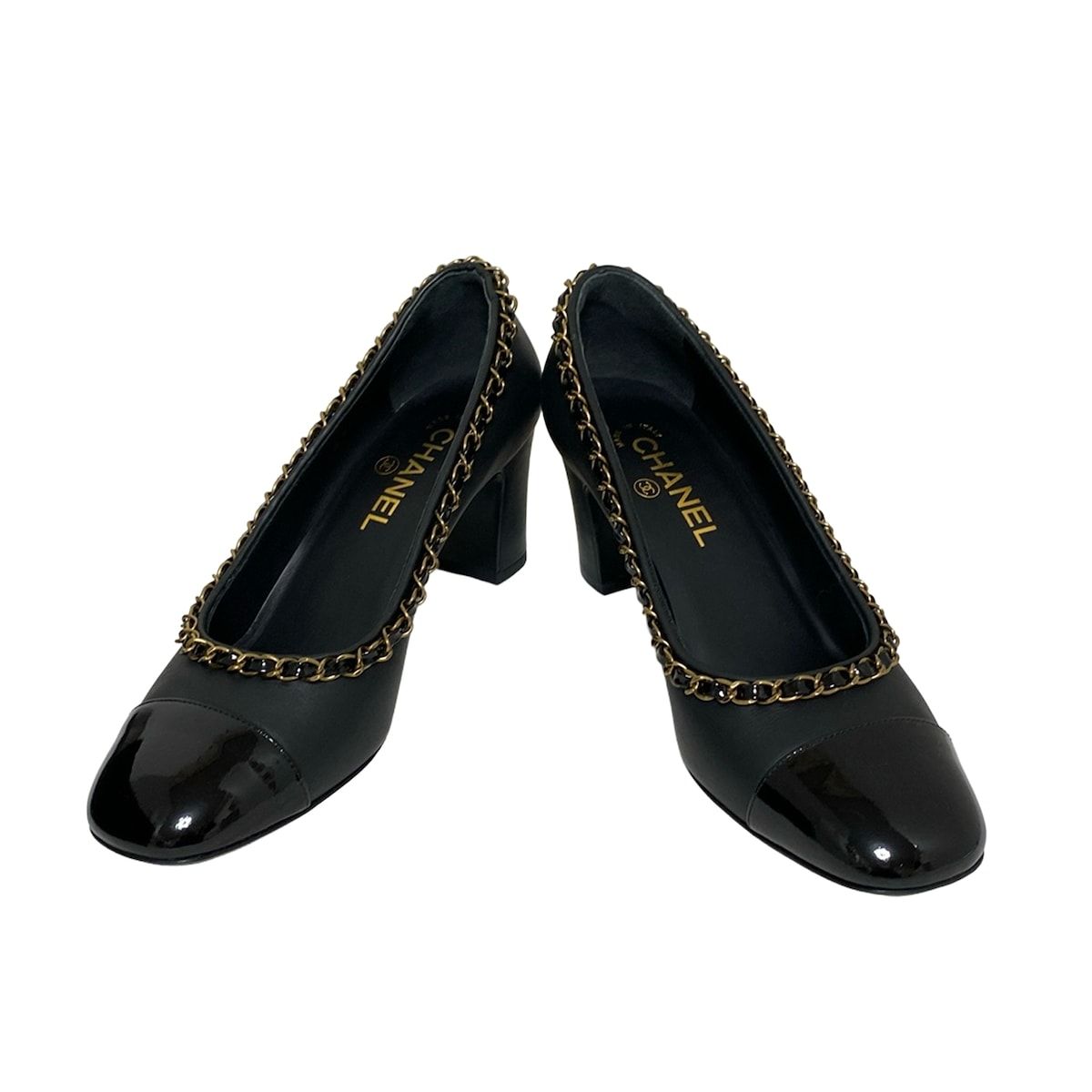CHANEL シャネル パンプス 38 C レディース - G 32886 黒 チェーン ヴィンテージゴールド金具 レザー ラムスキン