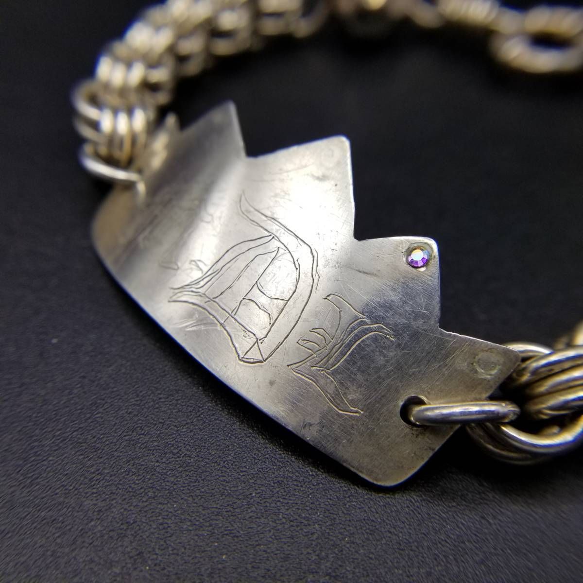 王冠 ID タグ プレート ケーブルチェーン ゴツめ クリアストーン 925 ヴィンテージ シルバー ブレスレット バングル ジュエリー Y 13-P