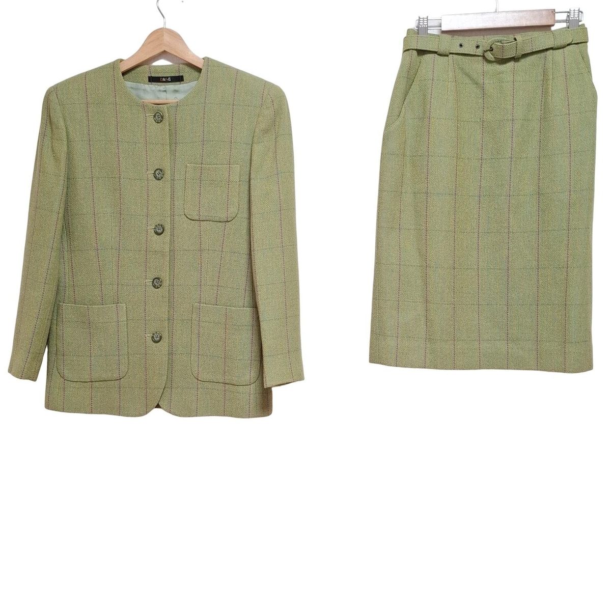 DAKS ダックス スカートスーツ レディース - イエローグリーン×ブラウン×マルチ チェック柄 肩パッド