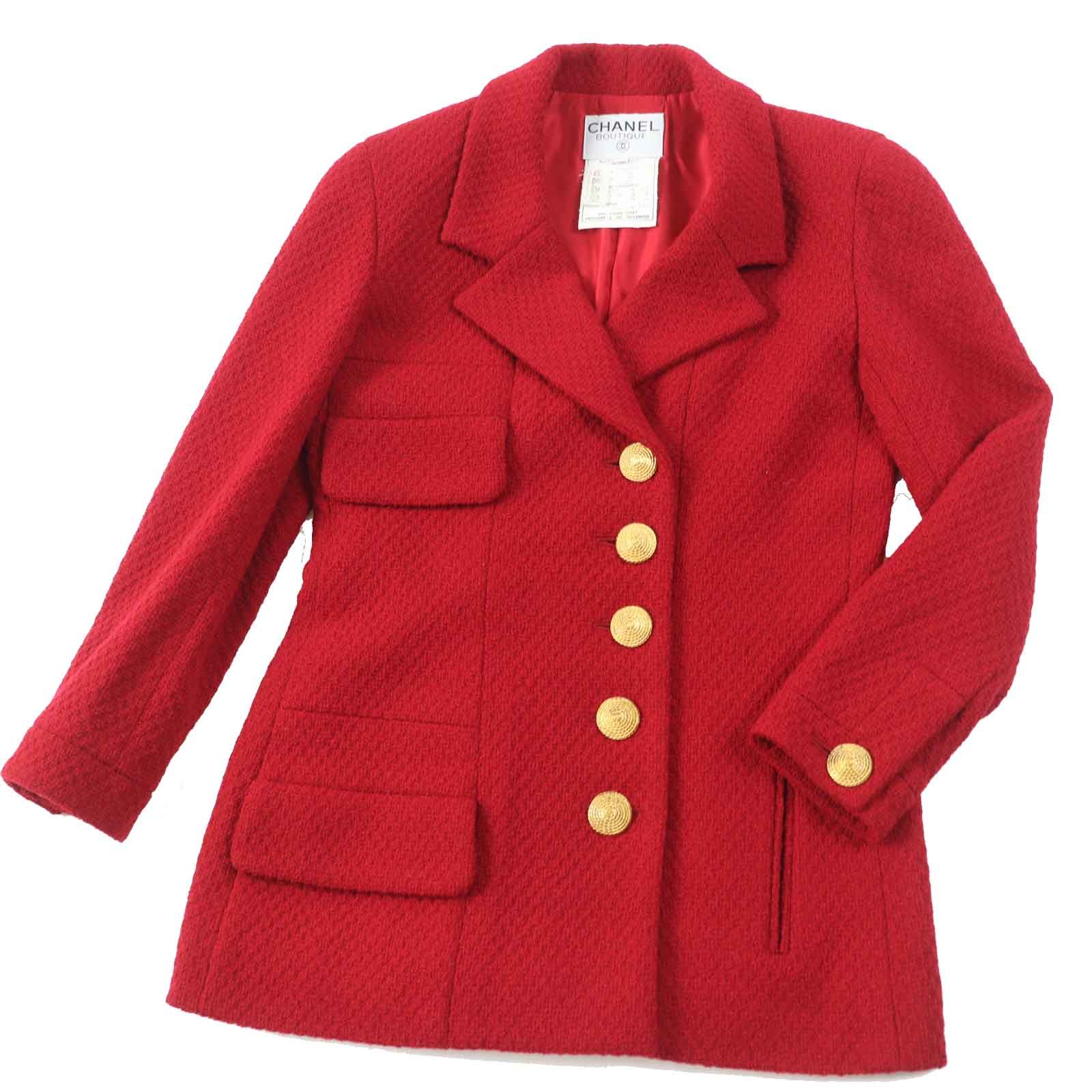 極美品◎CHANEL シャネル 20450 ウール 金ボタン 単色ツイード セットアップ レッド 38 ハンガー・ガーメント付き 仏製 正規品 レディース 極美品◎CHANEL シャネル 20450 ウール 金ボタン 単色ツイード
