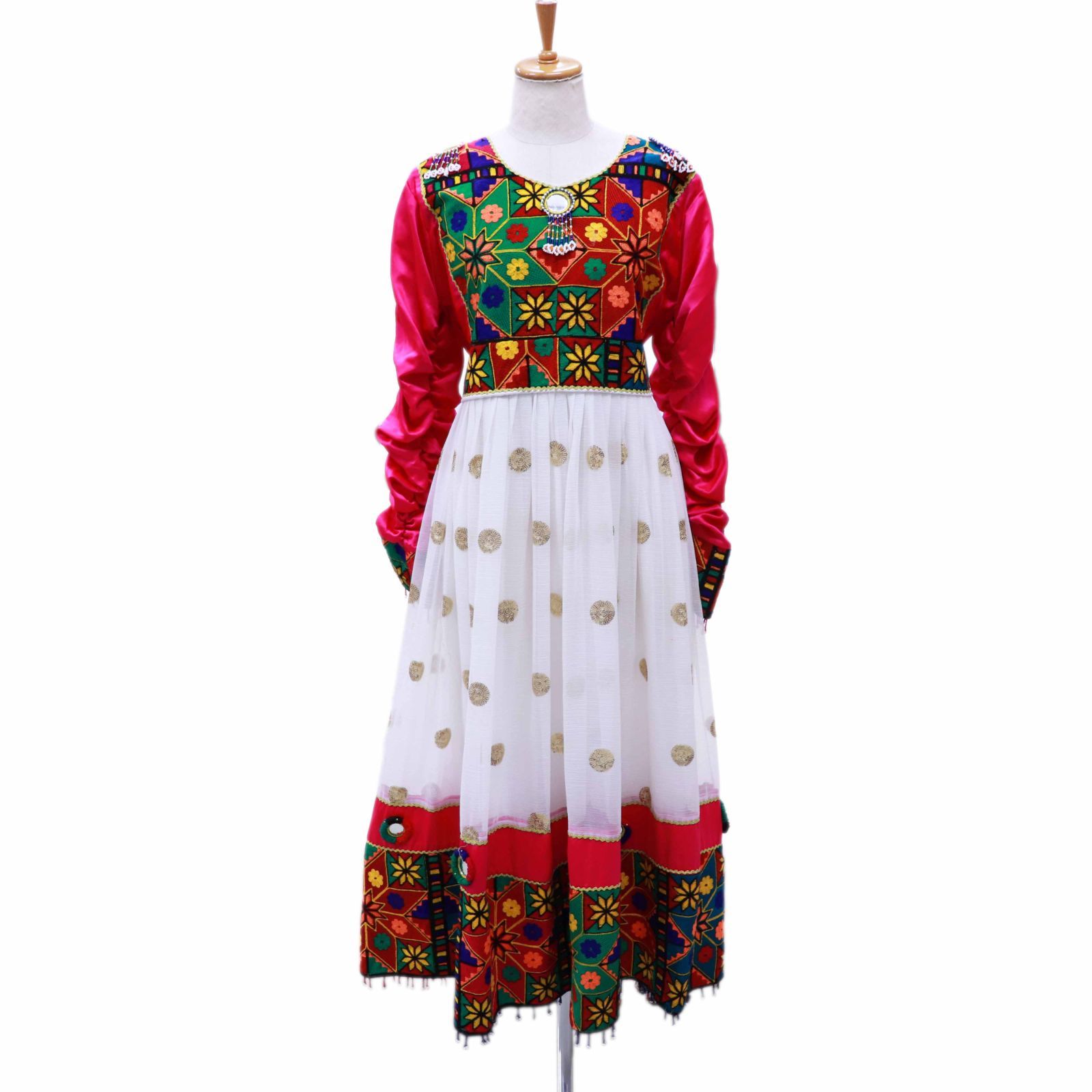 ミラーワーク刺繍の民族衣装 インド手刺繍 ミラーワーク 民族ワンピース 民族衣装 古布 長袖ロング