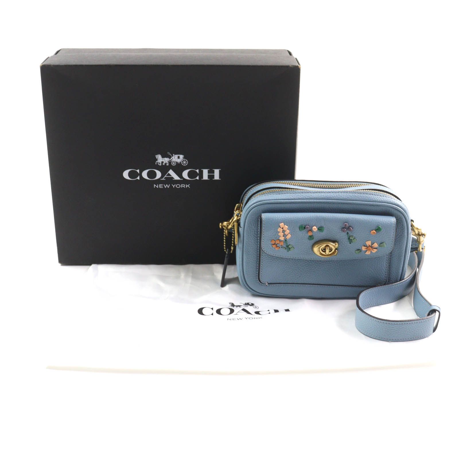 極美品★COACH コーチ C3881 ウィロウ フローラル ターンロック 2way レザー カメラバッグ ショルダーバッグ ライトブルー 保存袋付き 極美品☆COACH コーチ C3881 ウィロウ フローラル ターンロック 2way