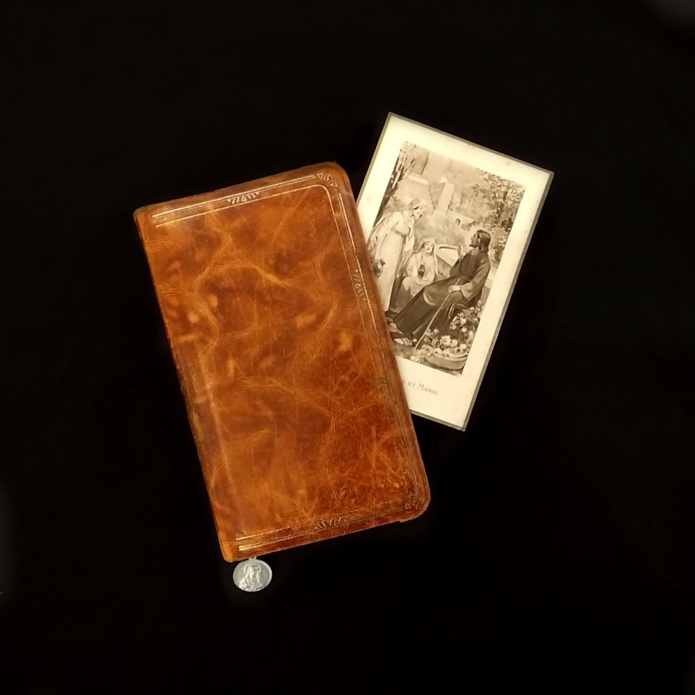 祈祷書 ベルギー アンティーク ヴィンテージ 革装 挿画入り メダル