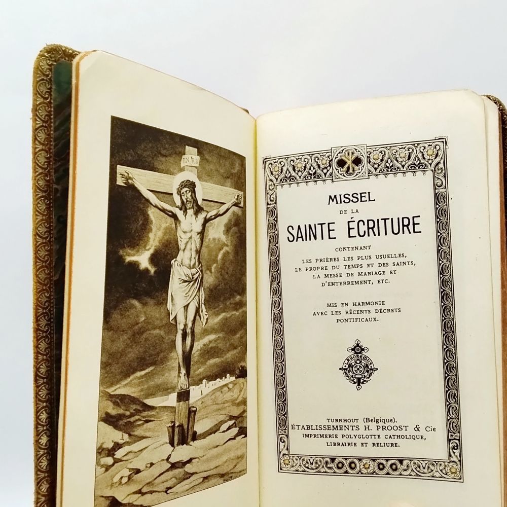 祈祷書 ベルギー アンティーク ヴィンテージ 革装 挿画入り メダル