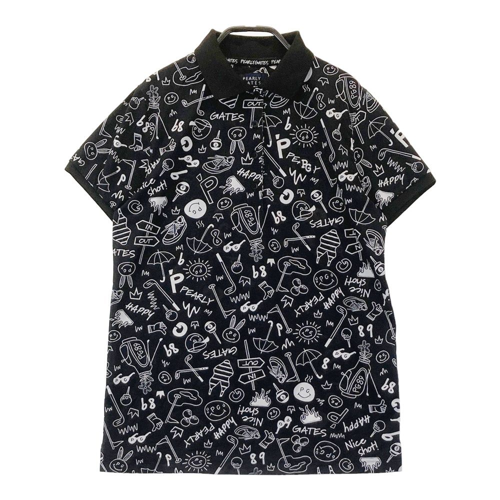 サイズ 1 PEARLY GATES パーリーゲイツ モデル ニコちゃん 半袖ポロシャツ 総柄 ブラック系 ゴルフウェア レディース ストスト