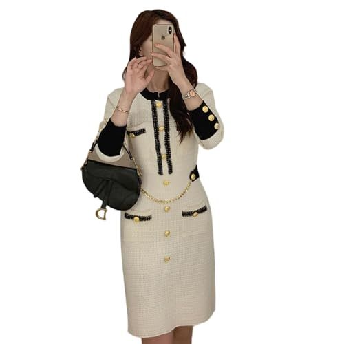 GRAXIA グラシア キャバドレス ミディアムドレス ニットワンピース ツイード キャバ嬢 キャバクラ ラウンジ 長袖 ウエストマーク バイ 膝丈 レディース アイボリー フリーサイズ