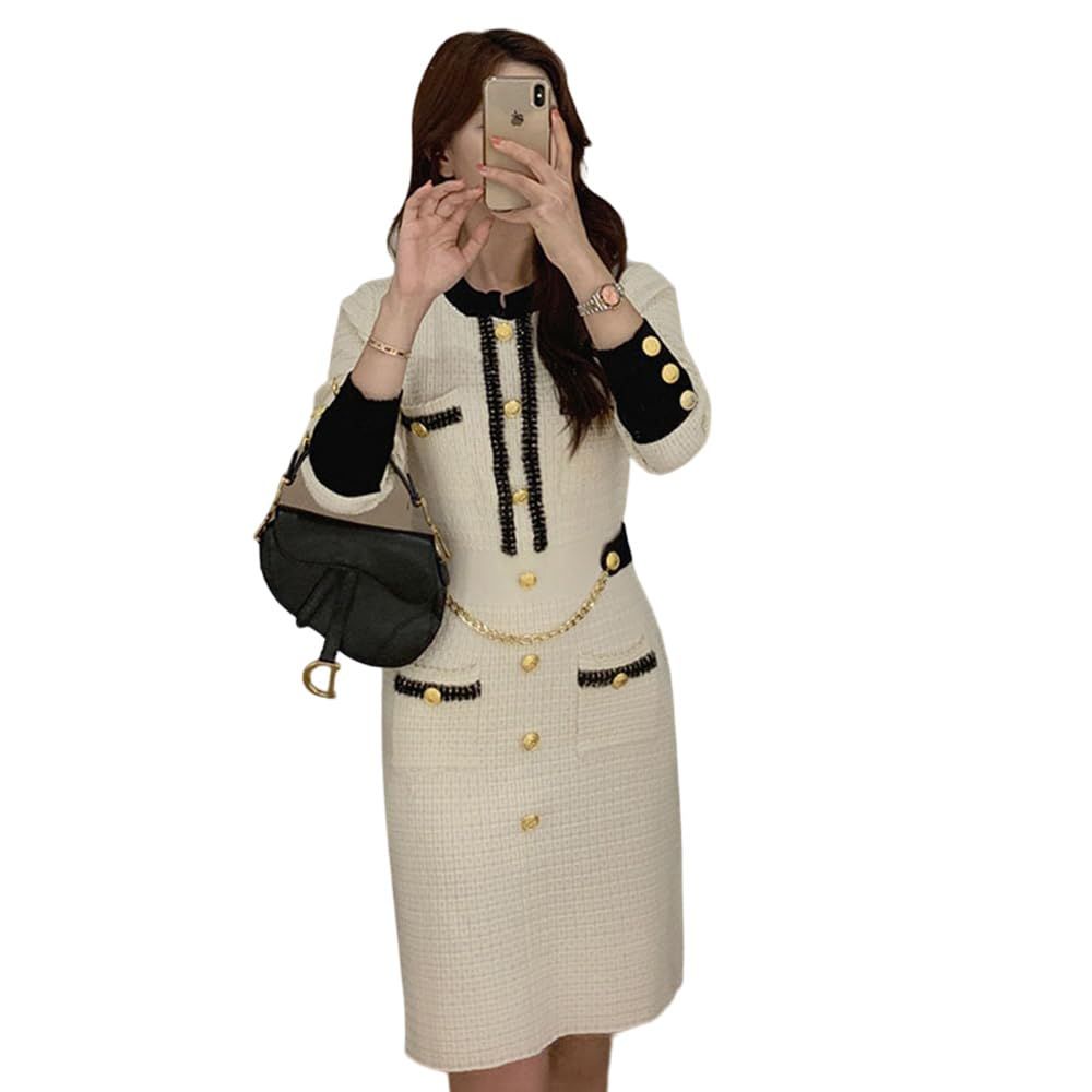 GRAXIA グラシア キャバドレス ミディアムドレス ニットワンピース ツイード キャバ嬢 キャバクラ ラウンジ 長袖 ウエストマーク バイ 膝丈 レディース アイボリー フリーサイズ