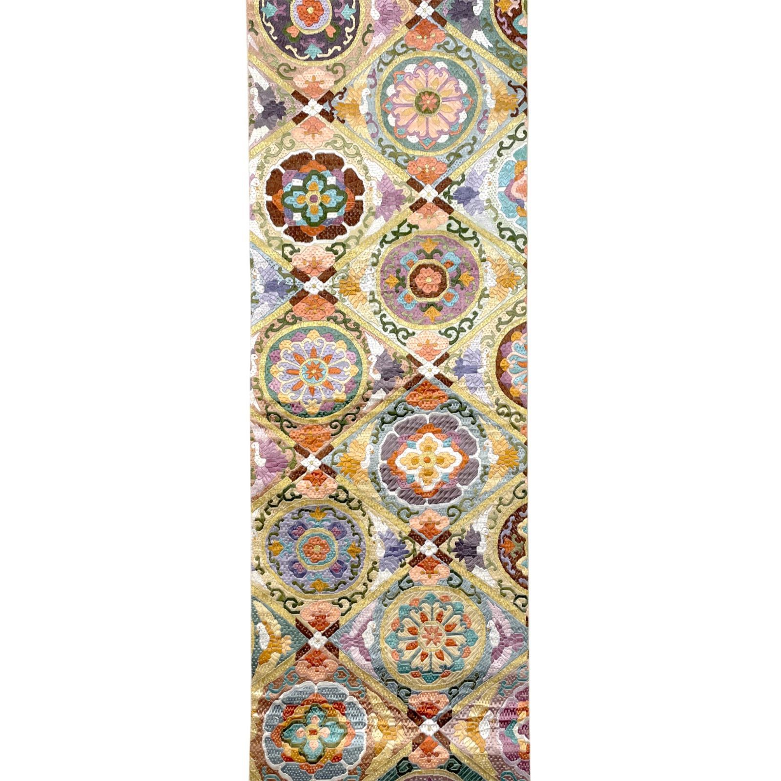  袋帯 全通柄 正絹 総絽刺し 金糸 菱天井 向かい鳥 華紋 和のマルチ 振袖 成人式 フォーマル着物 kimonolove リユース品 オゾン消臭サービス AO-0721 袋帯 帯