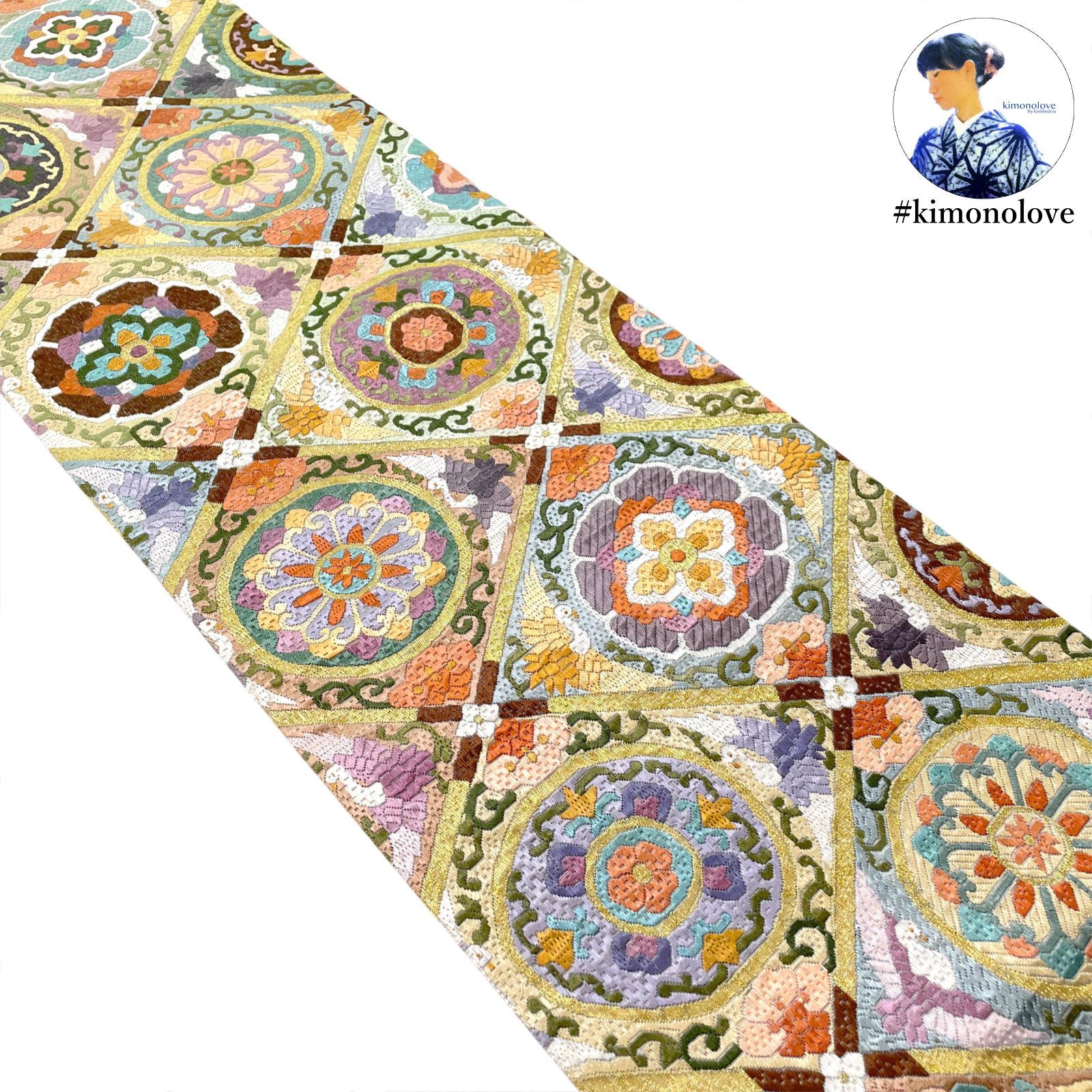 袋帯 全通柄 正絹 総絽刺し 金糸 菱天井 向かい鳥 華紋 和のマルチ 振袖 成人式 フォーマル着物 kimonolove リユース品 オゾン消臭サービス AO-0721