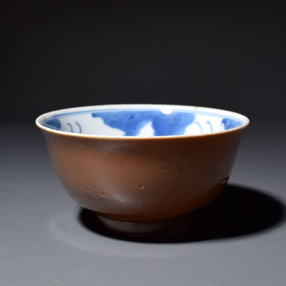 中国 景徳鎮 封泥 青花金魚図褐紬茶碗 飯碗 ご飯茶碗 骨董品 古美術