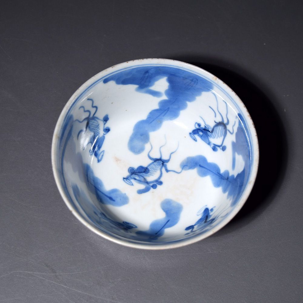 中国 景徳鎮 封泥 青花金魚図褐紬茶碗 飯碗 ご飯茶碗 骨董品 古美術