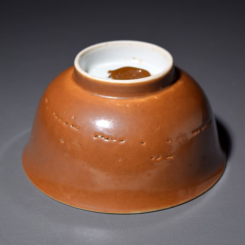 中国 景徳鎮 封泥 青花金魚図褐紬茶碗 飯碗 ご飯茶碗 骨董品 古美術