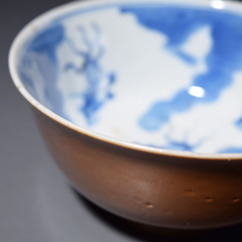 中国 景徳鎮 封泥 青花金魚図褐紬茶碗 飯碗 ご飯茶碗 骨董品 古美術