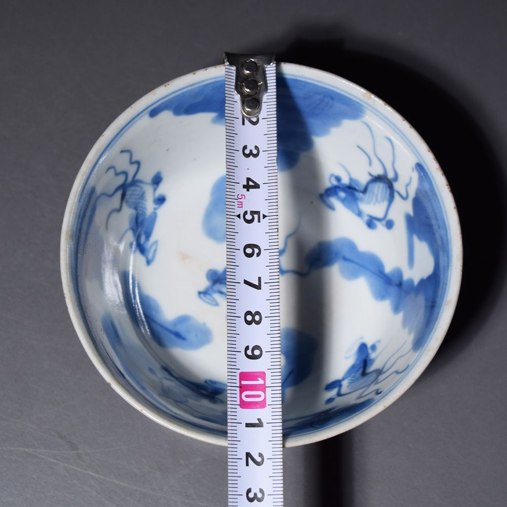 中国 景徳鎮 封泥 青花金魚図褐紬茶碗 飯碗 ご飯茶碗 骨董品 古美術