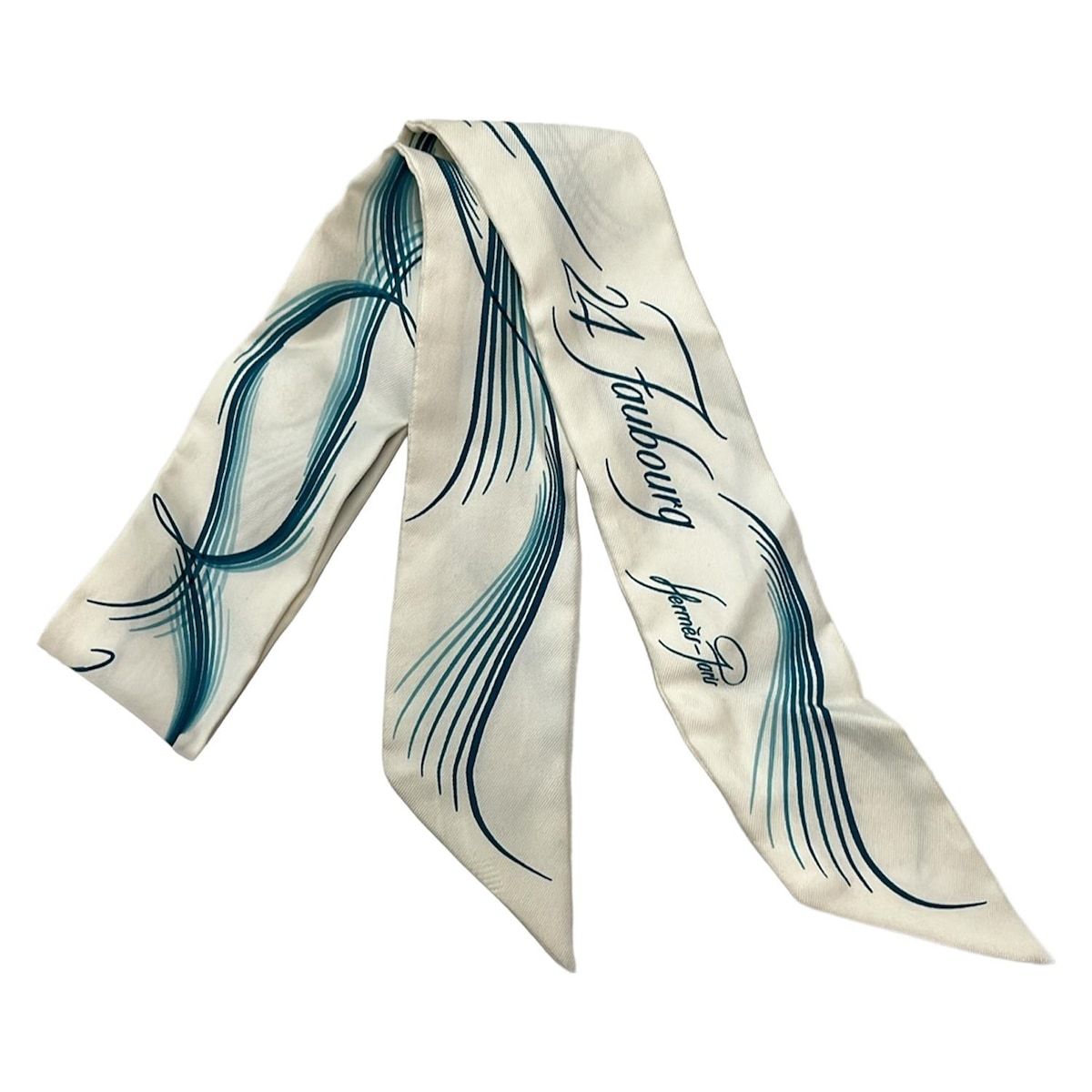 HERMES エルメス スカーフ ツイリー アイボリー ブルーグリーン リボンスカーフ 24 Faubourg