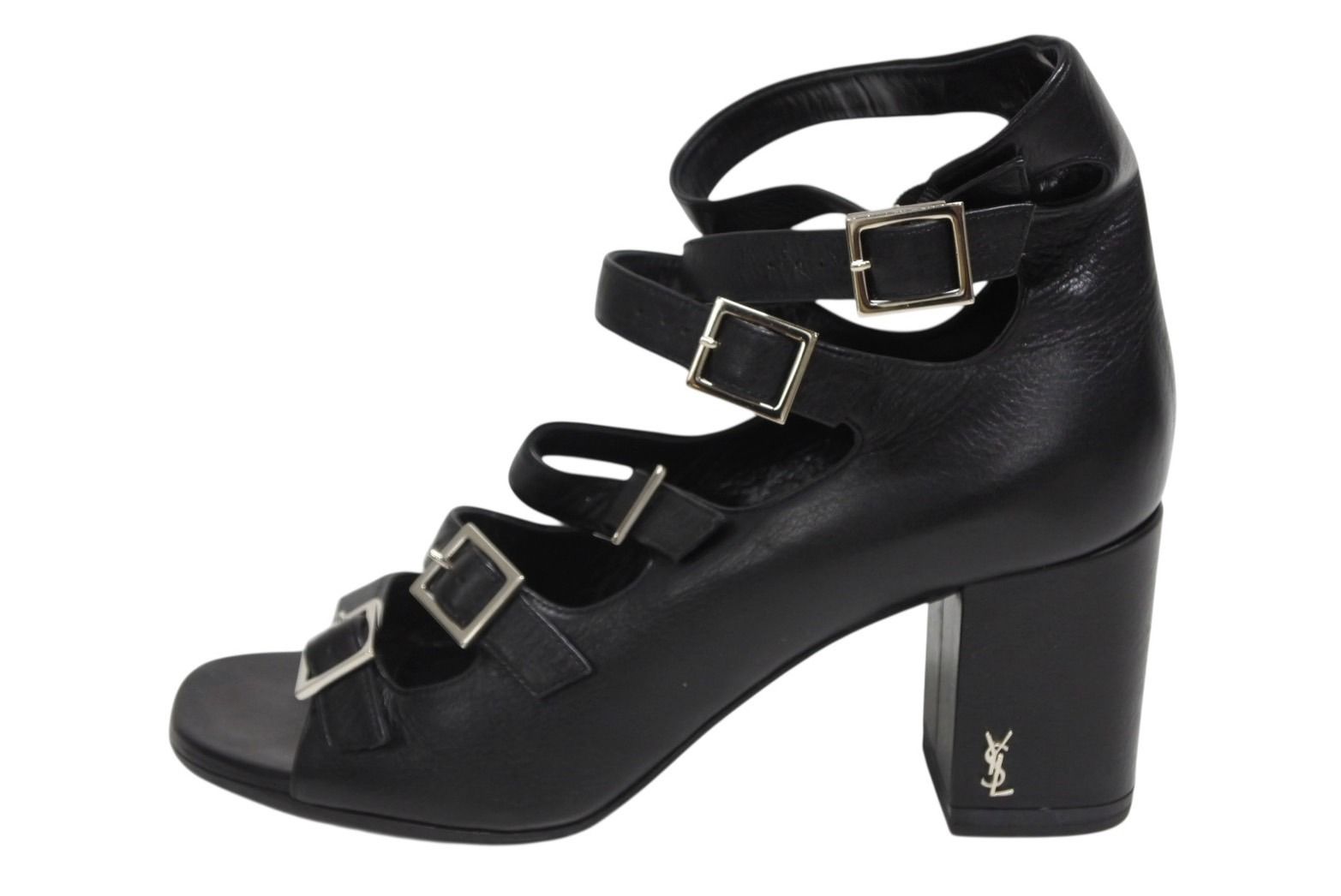 SAINT LAURENT サンローラン 6連ベルトサンダル ヒール チャンキーソール レザー ブラック シルバー金具 サイズ38 4 b 009954