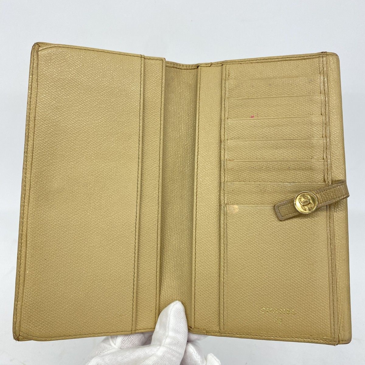 5pa0152】シャネル 長財布 ココボタン レザー ベージュ ゴールド金具