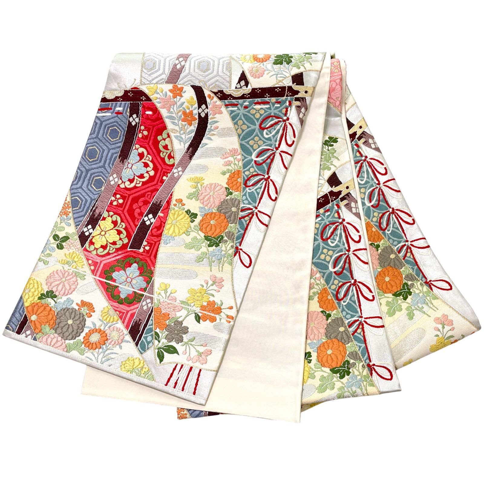 袋帯 正絹 金銀糸 几帳 四季草花 古典柄 マルチカラー 振袖 成人式