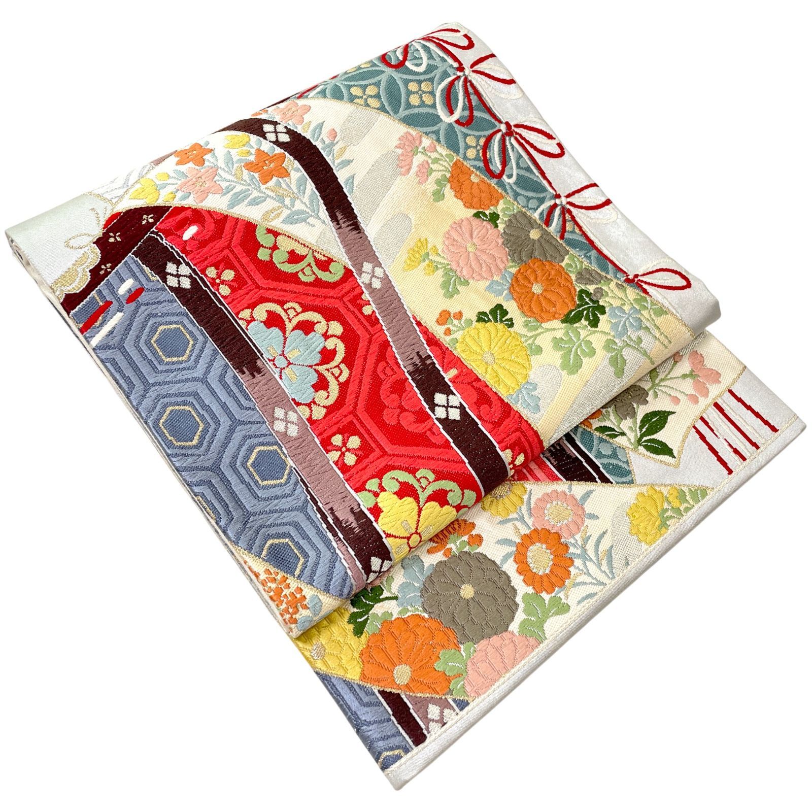 袋帯 正絹 金銀糸 几帳 四季草花 古典柄 マルチカラー 振袖 成人式