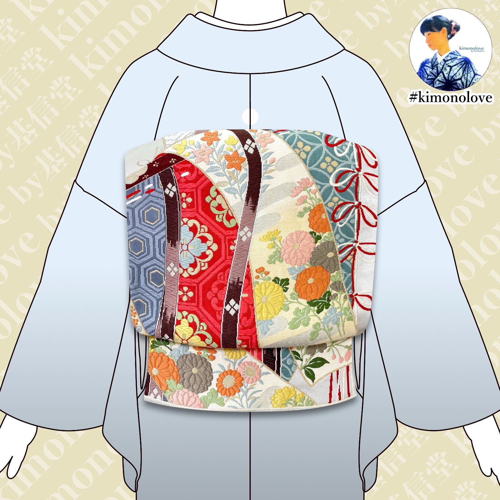 袋帯 正絹 金銀糸 几帳 四季草花 古典柄 マルチカラー 振袖 成人式