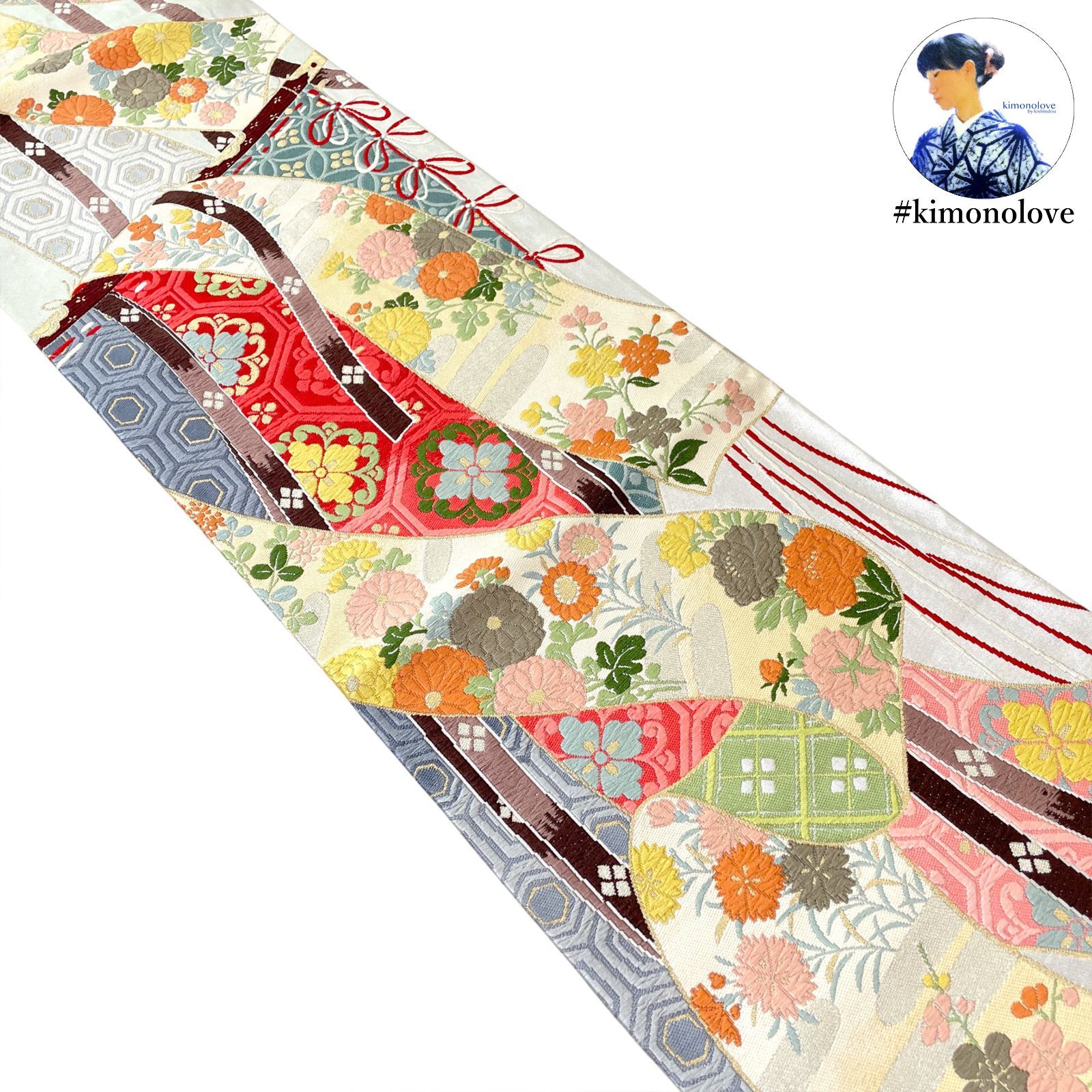 袋帯 正絹 金銀糸 几帳 四季草花 古典柄 マルチカラー 振袖 成人式