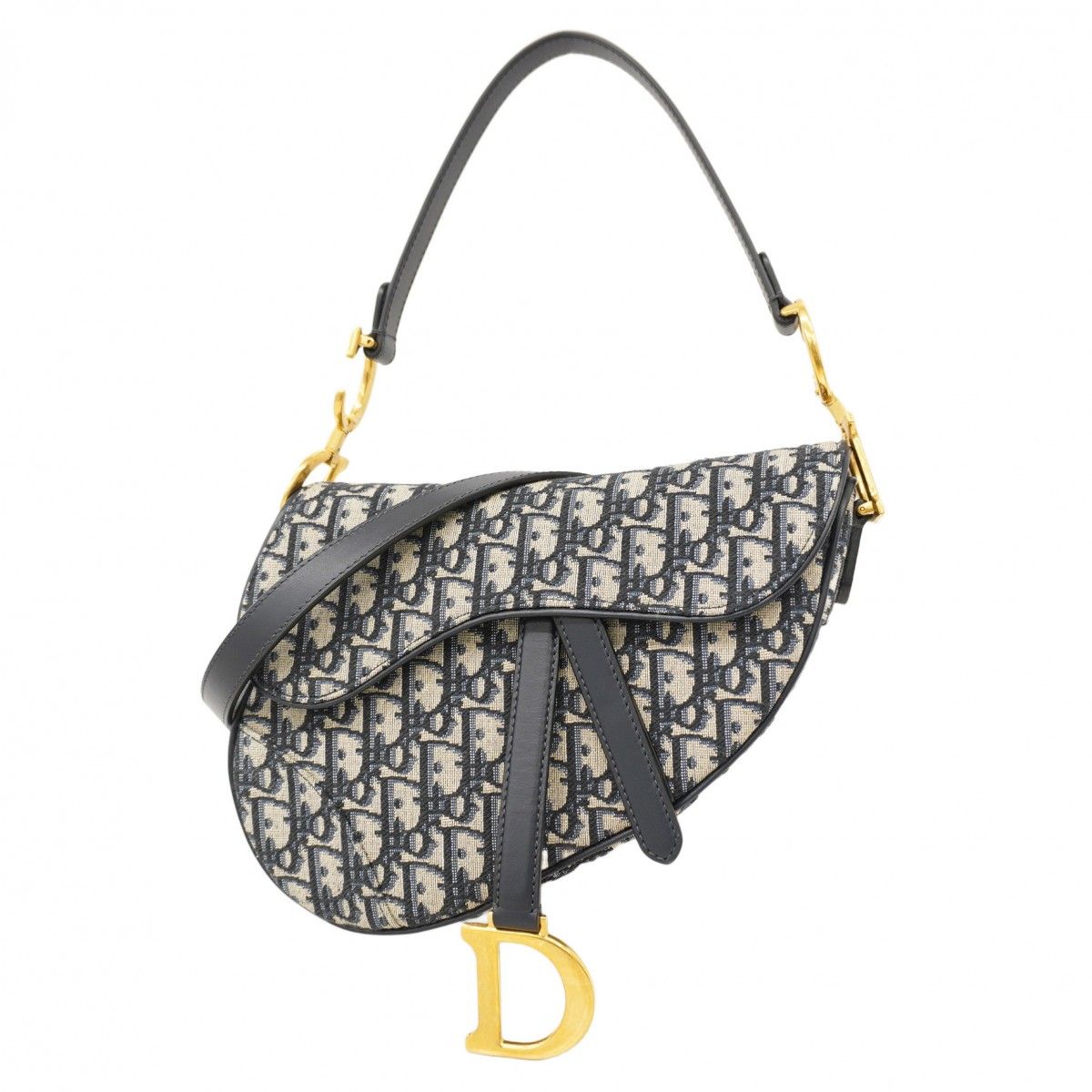 5 pa 0356 h クリスチャンディオール ハンドバッグ オブリーク サドル キャンバス レザー ネイビー ゴールド金具 2 wayバッグ レディース