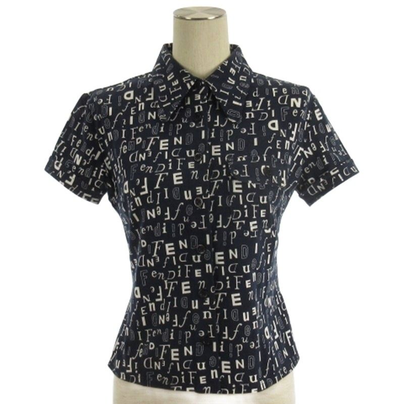 フェンディ FENDI ロゴ シャツ 半袖 総柄 ネイビー 40 AA
