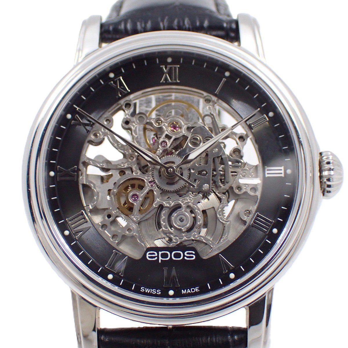 EPOS エポス エモーション スケルトン 自動巻き メンズ 腕時計 黒文字盤 革ベルト 3390