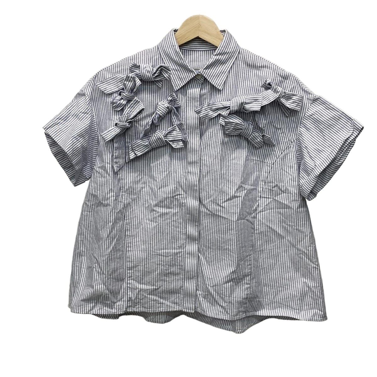 セブンテン バイミホカワヒト 半袖シャツブラウス サイズS レディース - ネイビー×白 ストライプ リボン