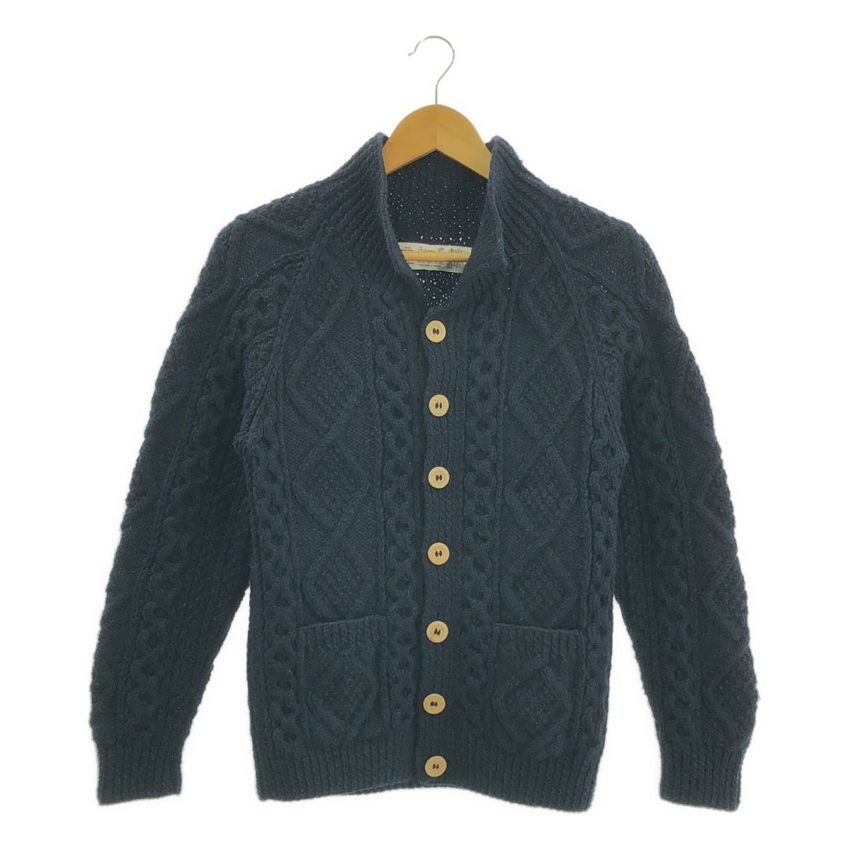 Athena Designs アテナデザイン ウール ケーブル アラン ニットカーディガン ネイビー レディース