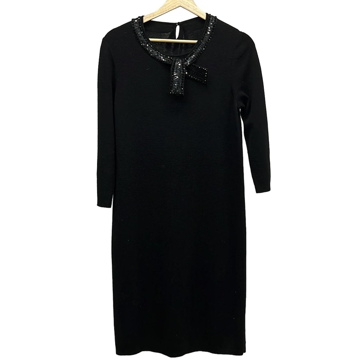 ダーマ ワンピース サイズLL レディース 黒 クルーネック 長袖 ひざ丈 スパンコール ビジュー リボン ニットワンピ