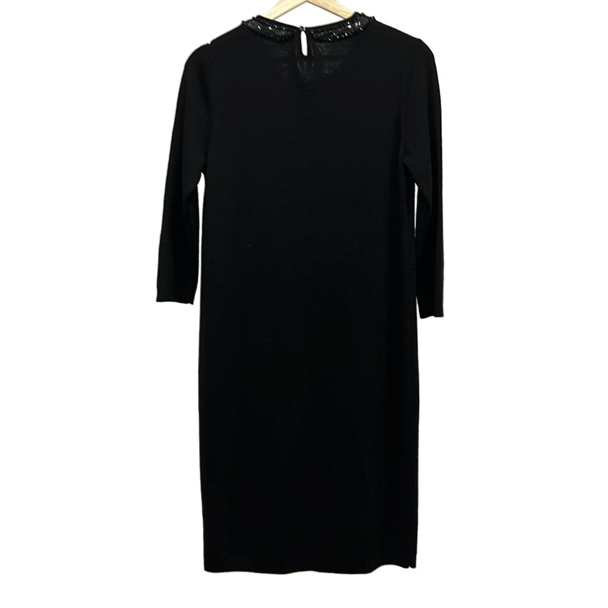 ダーマ ワンピース サイズLL レディース 黒 クルーネック 長袖 ひざ丈 スパンコール ビジュー リボン ニットワンピ