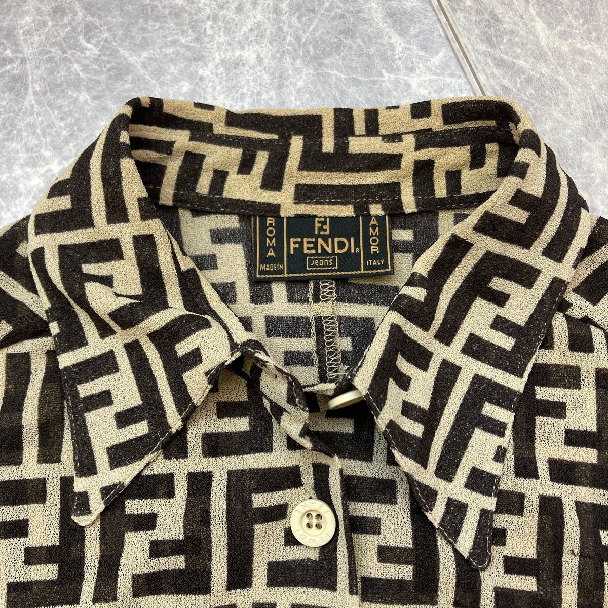 FENDI ズッカ柄 シアーシャツブラウス 長袖 ヴィンテージ 金カフス カーキ FENDI フェンディ ズッカ シアー シャツ ブラウス 542240 レディース