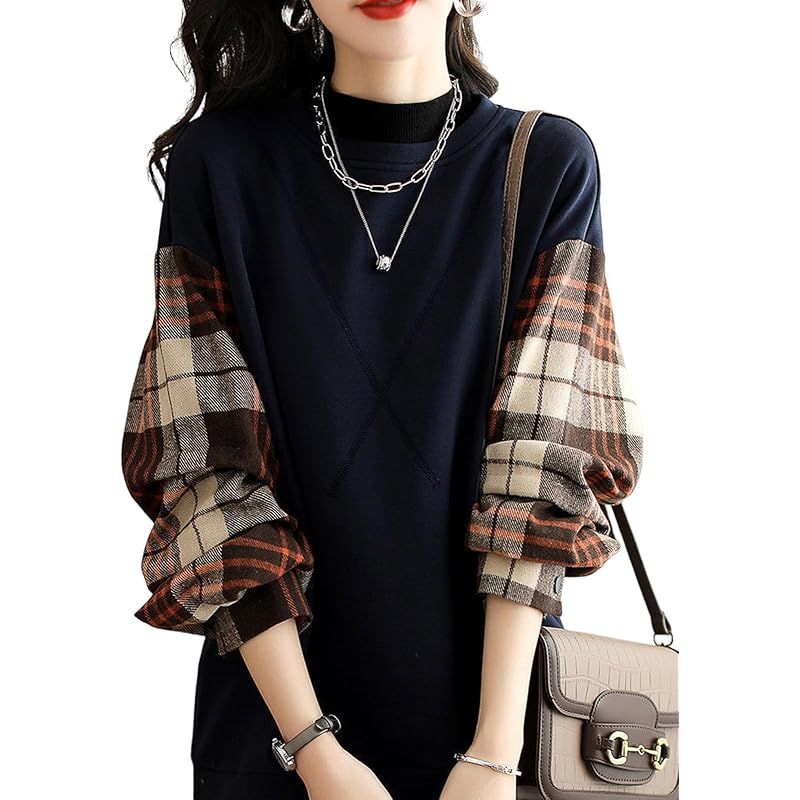 MARIA MARFA チェックシャツ 切り替え プルオーバー チェック柄 秋 冬 レディース 長袖 カットソー トップス 韓国 オフィスカジュアル ネイビー 4 A M 06 NV 3 XL