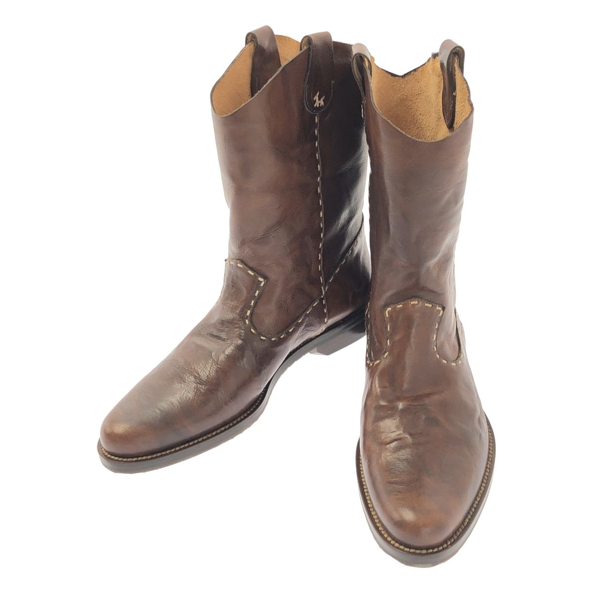 Henry Cuir アンリークイール レザー ラウンドトゥ ステッチ ウエスタン ブーツ 36 ブラウン レディース