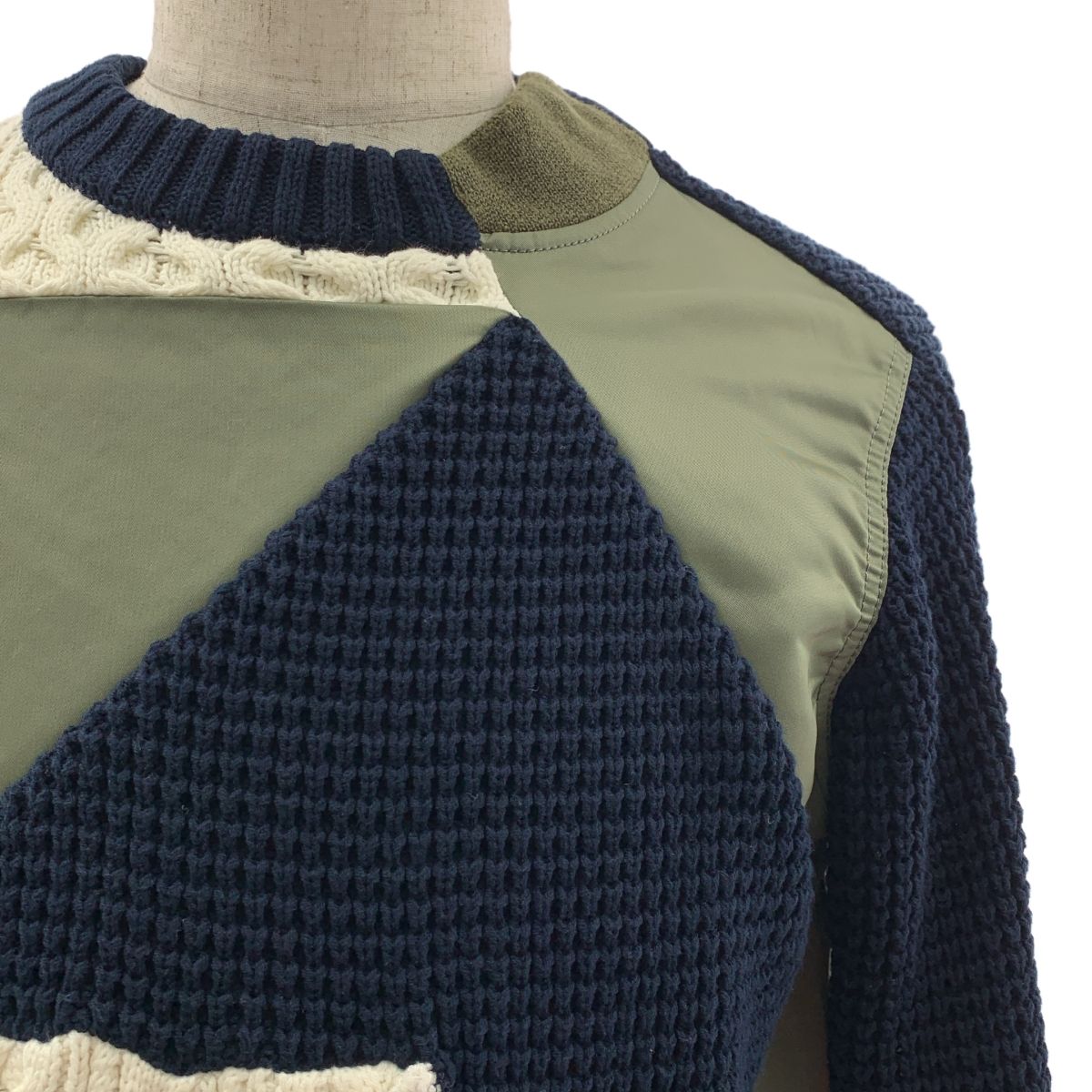 sacai サカイ 2021 AW Hank Willis Thomas ハンク ウィリス トーマス 異素材 切替 再構築 パッチワーク ニット セーター 1 ネイビー カーキ ホワイト メンズ