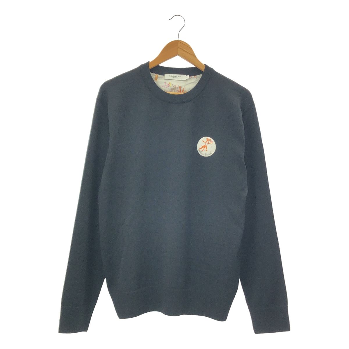 MAISON KITSUNE メゾンキツネ OLY FLOWER FOX PATCH ウール フラワーフォックスヘッドパッチ クルーネックニット ブラック L メンズ